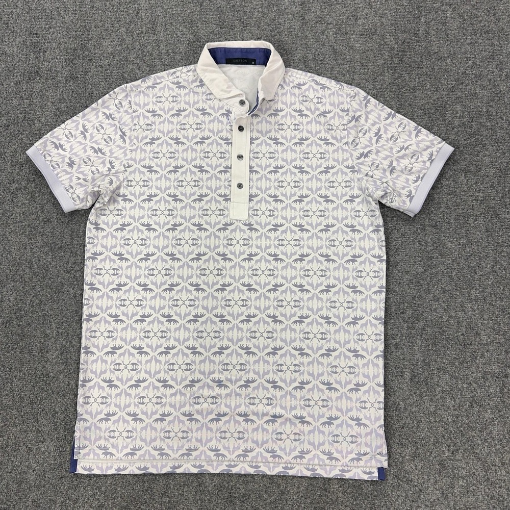 Greyson Polo Shirt Mens M White Animal Print Contrast Collar Golf Logo